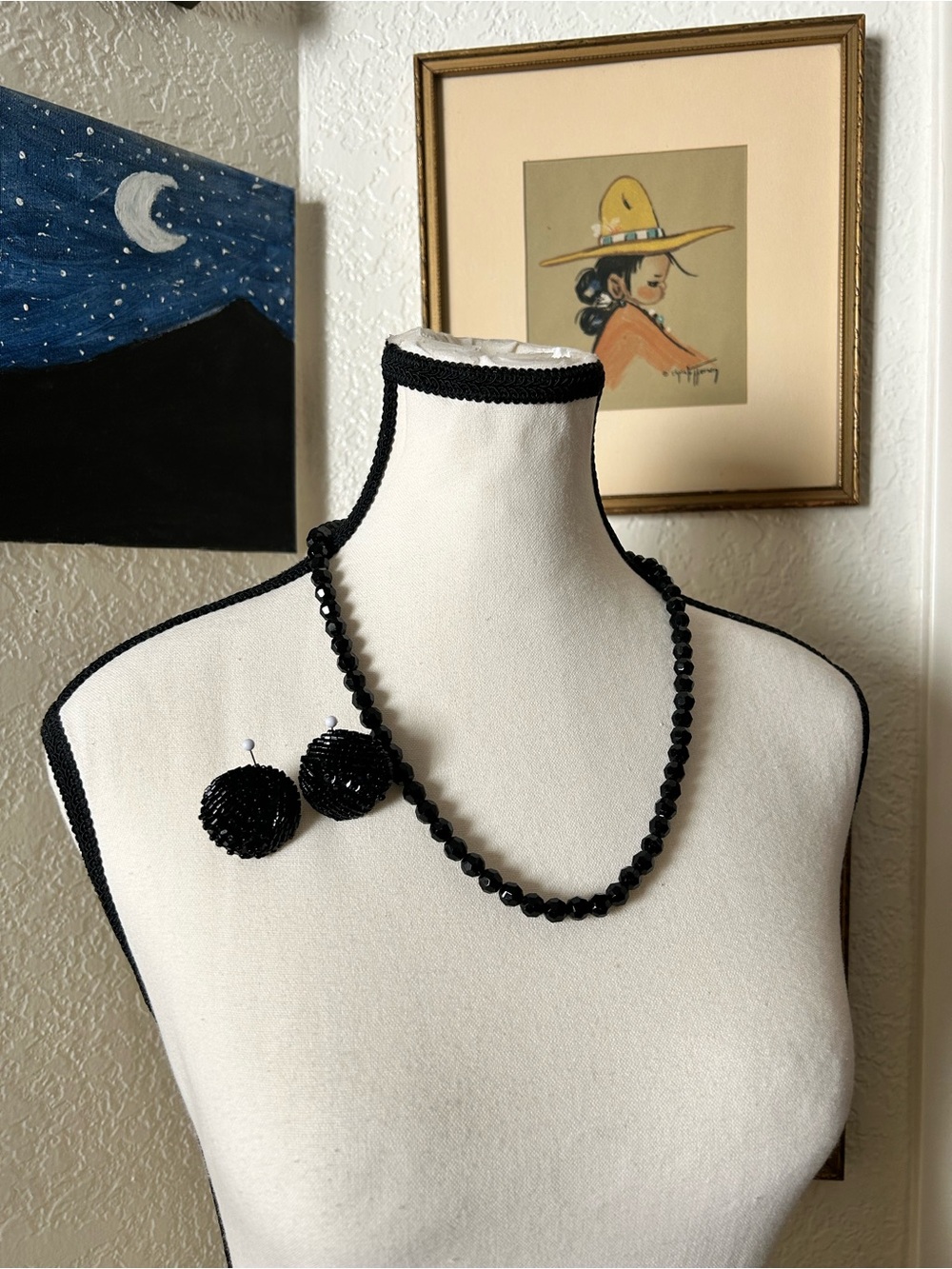 Vintage Classic Black Beaded Necklace with Matching Clip-On Earrings